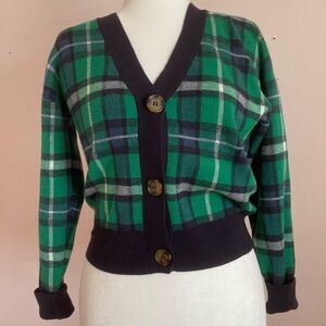 Marled V Neck Green & Blue Tartan Plaid Cardigan XS Buttons School Girl St. Pats
